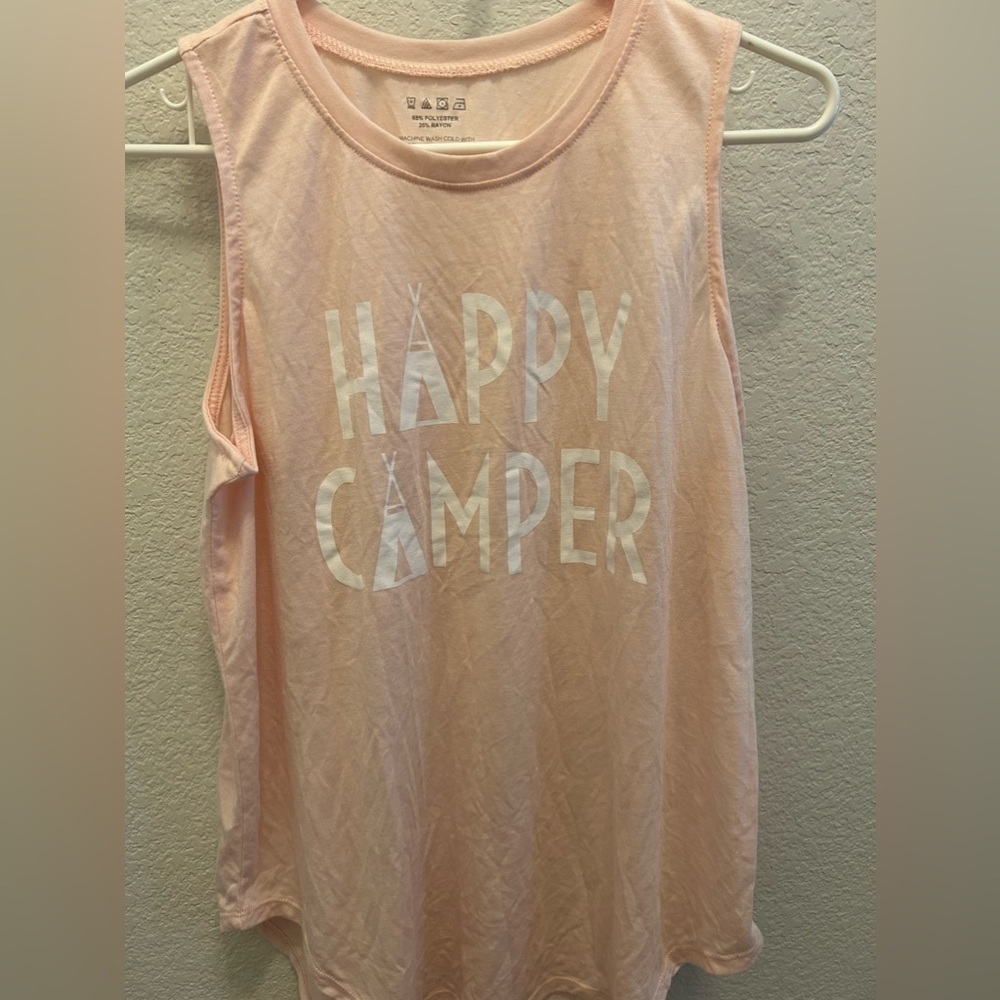 Happy Camper pink muscle tank, women Medium, graphic tee.